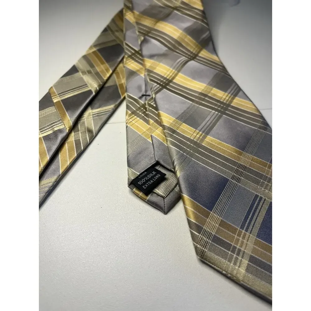 Calvin Klein Men's 100% Silk Tie EXTRA LONG Yellow Gold Gray NEW MSRP: $62.50